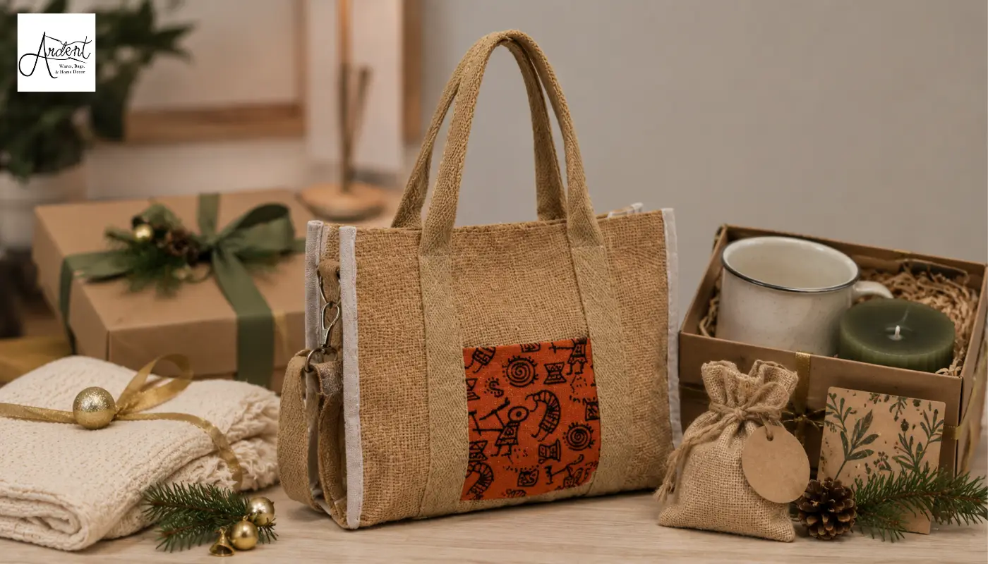 A sustainable corporate gift setup featuring a handcrafted jute tote bag with traditional tribal print, a ceramic mug, a scented candle, a small burlap pouch, and wrapped kraft gift boxes.