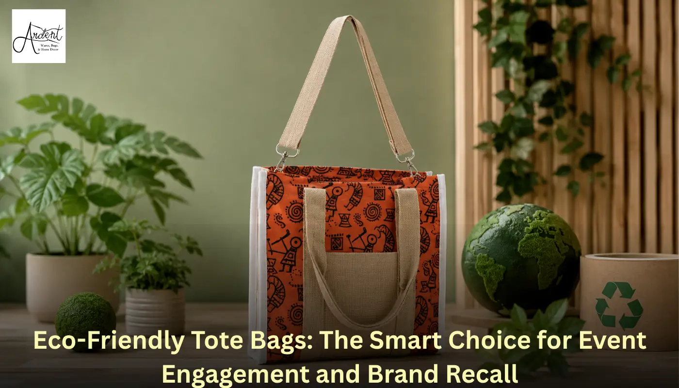 An orange printed handcrafted jute bag styled with a small moss globe and recycling symbol to highlight eco-friendly tote bags for event engagement and branding.