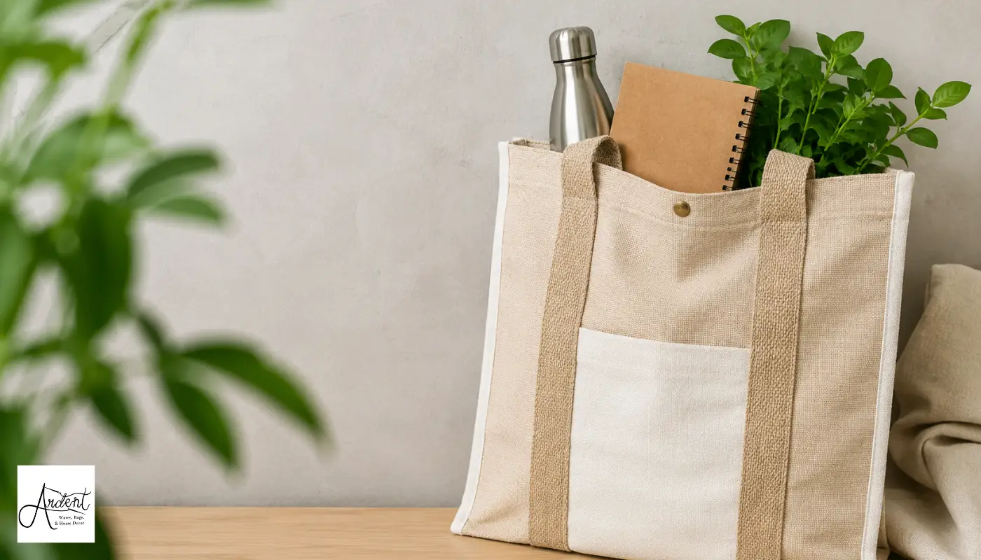 A minimalist canvas and jute tote bag containing a reusable stainless steel water bottle, a kraft paper notebook, and green foliage against a plain wall.