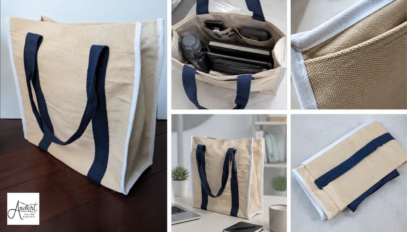Product showcase of high-utility eco-friendly tote bags, displaying the spacious interior pockets, strong stitching, and a clean foldable flat-lay design.
