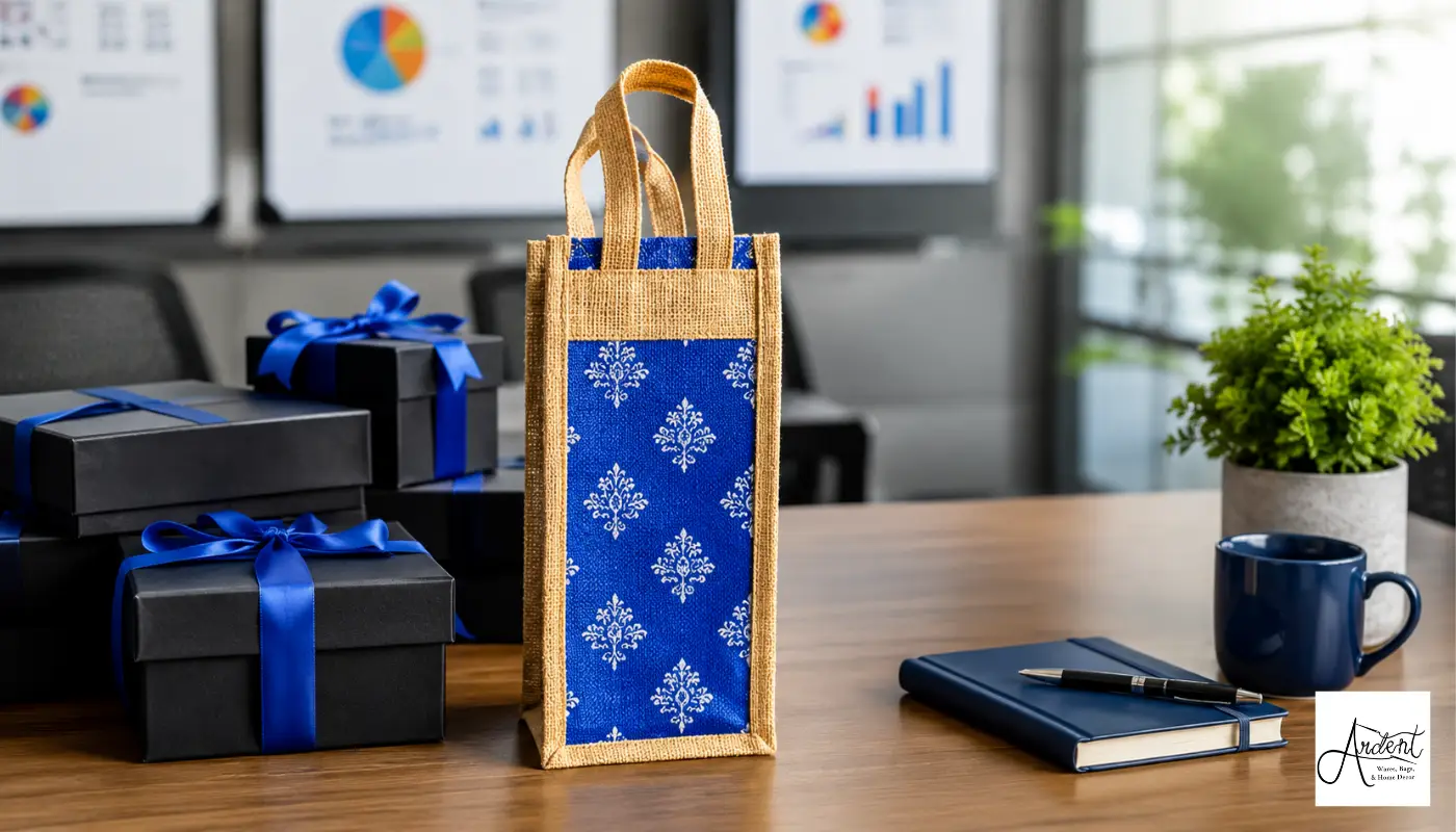 A tall, slim jute gift bag with a bright blue traditional pattern stands on a conference table alongside black corporate gift boxes with satin blue ribbons.