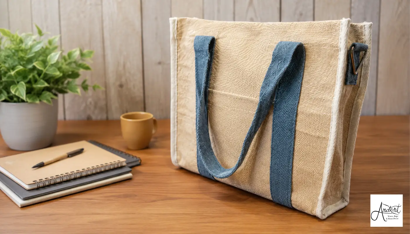 A stylish canvas and jute tote bag with blue handles placed on a wooden office desk next to notebooks, a pen, and a potted plant.