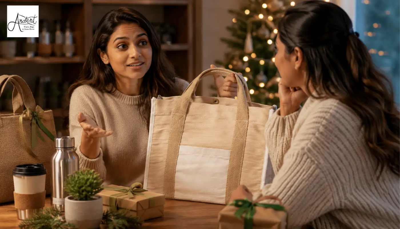 Two professional women discussing sustainable corporate gifting in an office setting with a jute tote bag, reusable steel bottle, and snack hamper on the table.