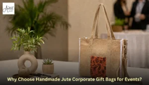 A premium handmade jute corporate gift bag featured on a table display at a professional event, showcasing its natural texture and design.