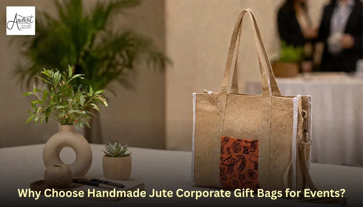 A premium handmade jute corporate gift bag featured on a table display at a professional event, showcasing its natural texture and design.