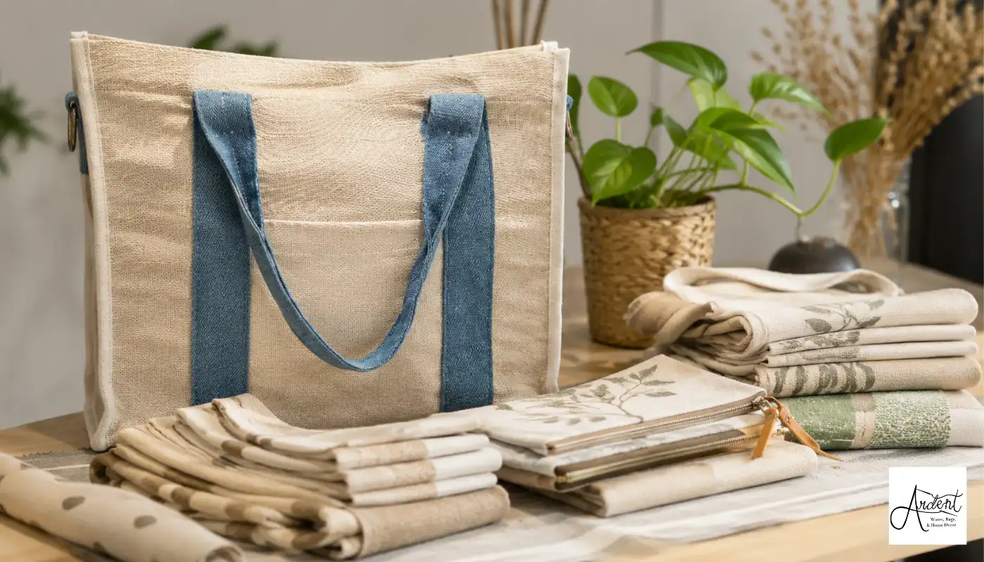 Bulk branded tote bags for conferences with denim blue handles shown alongside matching fabric pouches and folded event textiles.