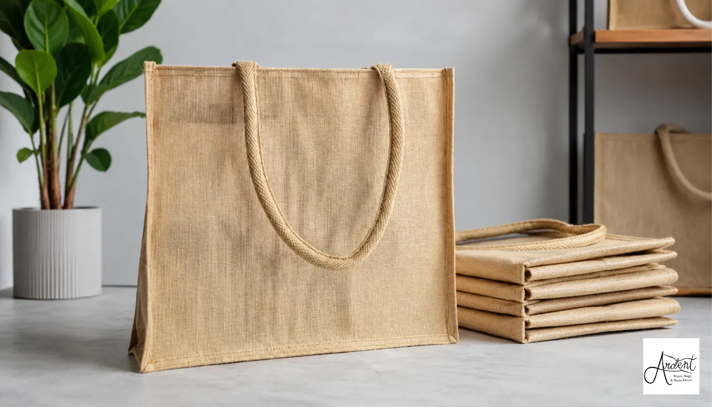 Plain eco-friendly bulk branded tote bags for conferences stacked neatly beside a standing sample on a table with a houseplant background.