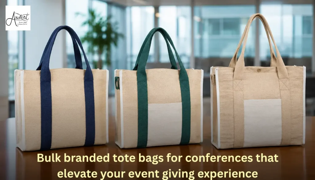 Three premium, bulk branded tote bags for conferences with dark blue, green, and beige handles displayed on a conference room table.
