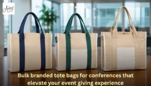 Three premium, bulk branded tote bags for conferences with dark blue, green, and beige handles displayed on a conference room table.