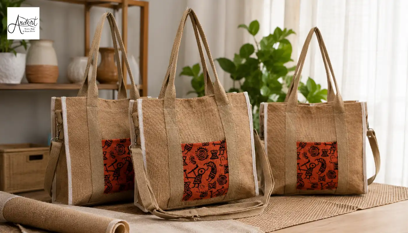 A collection of custom-designed, bulk branded tote bags for conferences featuring patterned orange front pockets and shoulder straps.