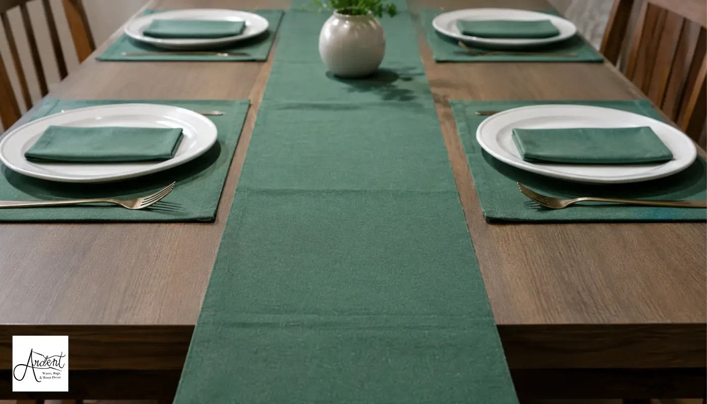 Best canvas table mats in solid sage green with matching table runner and white ceramic dinnerware.
