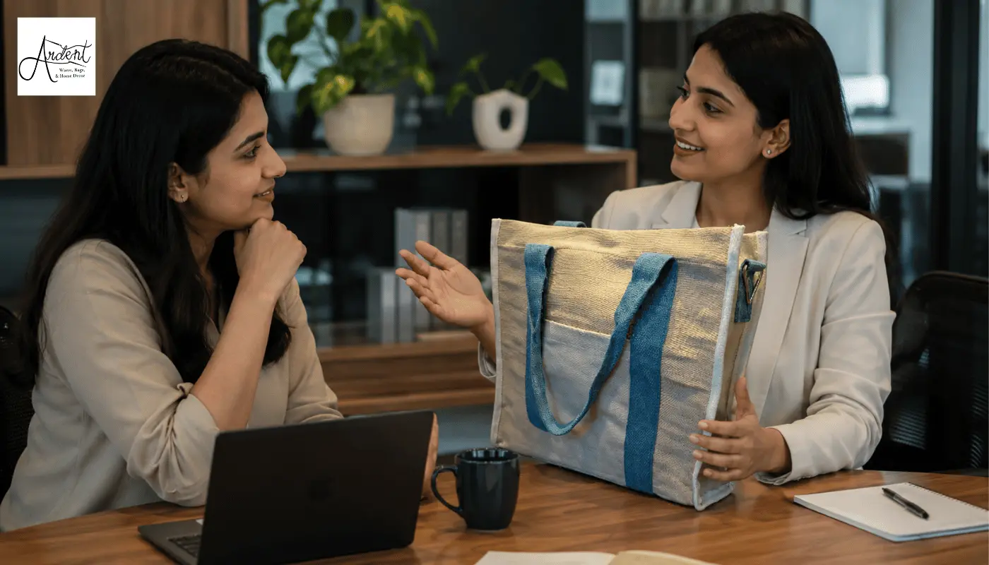 Two professionals in an office discussing customizable tote bags as personalized corporate gifts for clients and employees.