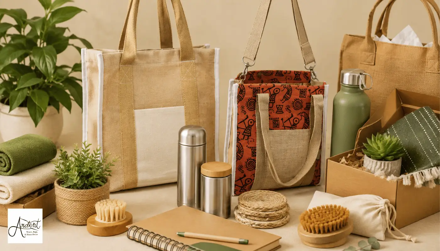 Sustainable personalized corporate gifts assortment featuring printed jute bags, stainless steel bottles, wooden grooming tools, and a potted succulent.