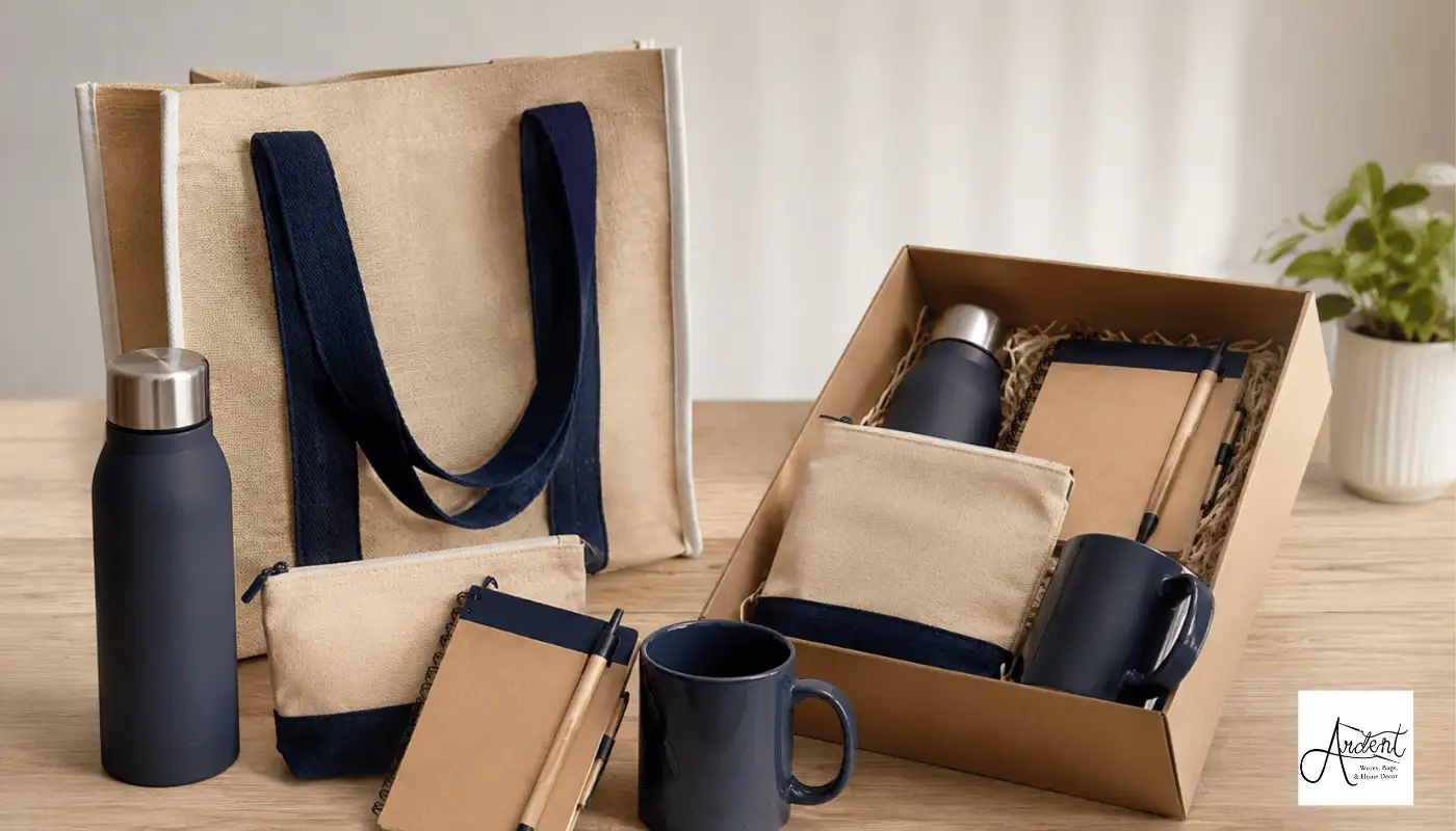 Navy blue personalized corporate gifts set including a matte thermos bottle, ceramic mug, zippered pouch, and notepad with a jute tote bag.