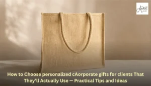 Minimalist beige jute tote bag displayed as an example of practical personalized corporate gifts for clients.