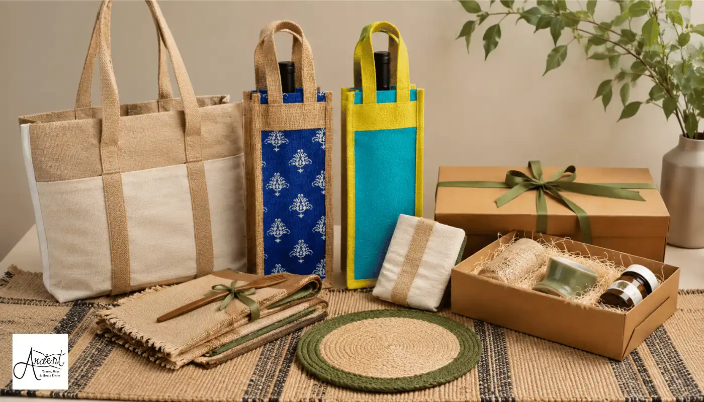 Eco-friendly personalized corporate gifts featuring jute tote bags, patterned bottle holders, coasters, and a curated gift box on a woven mat.