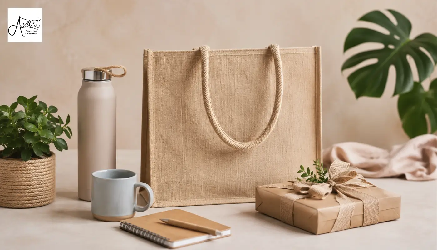 Sustainable corporate gift hamper setup displaying a beige jute handbag, reusable metal water bottle, ceramic mug, and notebook.