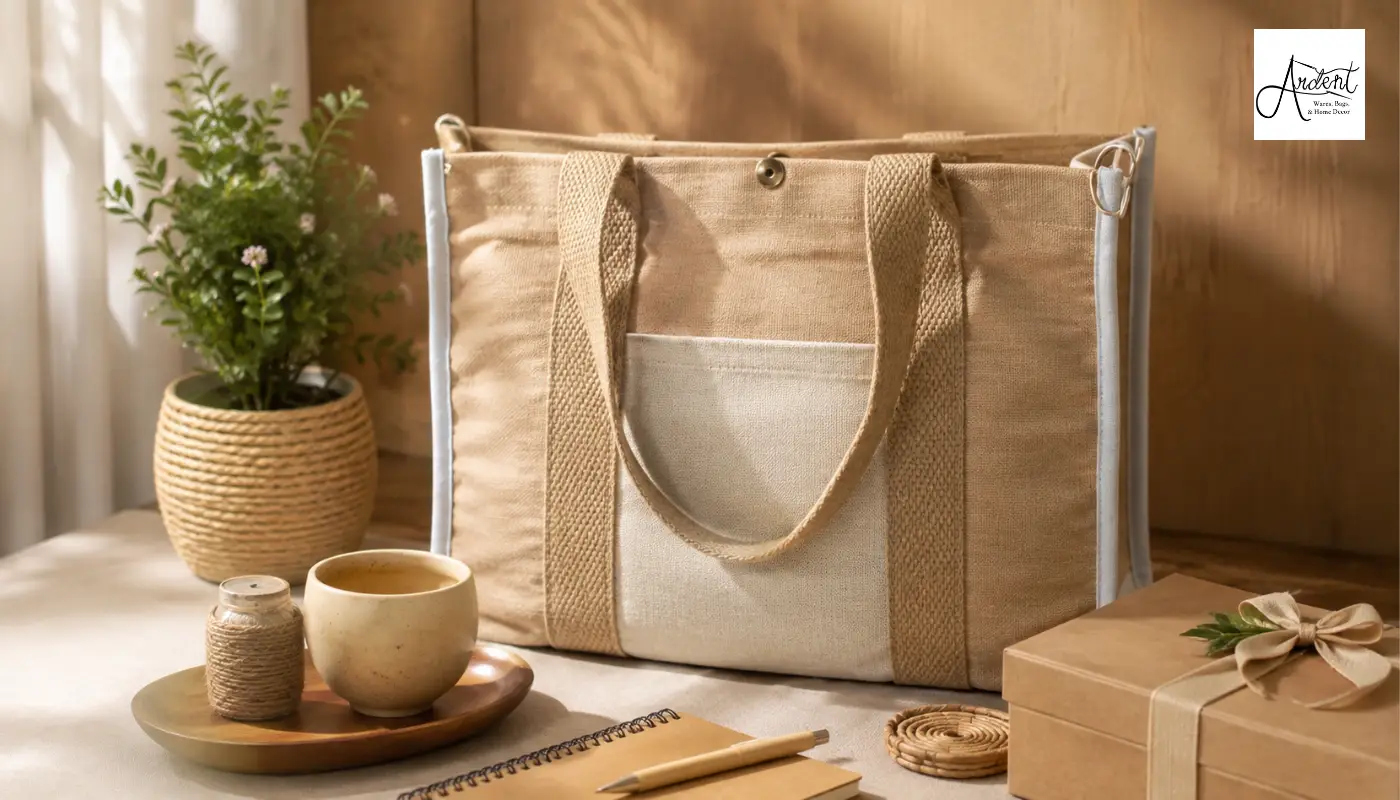 Eco-friendly corporate gift items including a natural jute tote bag, ceramic cup, kraft notebook, and gift box.