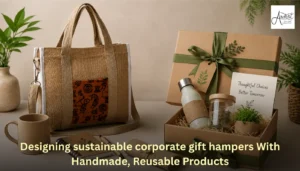 Sustainable corporate gift hampers featuring eco-friendly jute tote bag, reusable water bottle, plant, and notepad in a craft gift box.