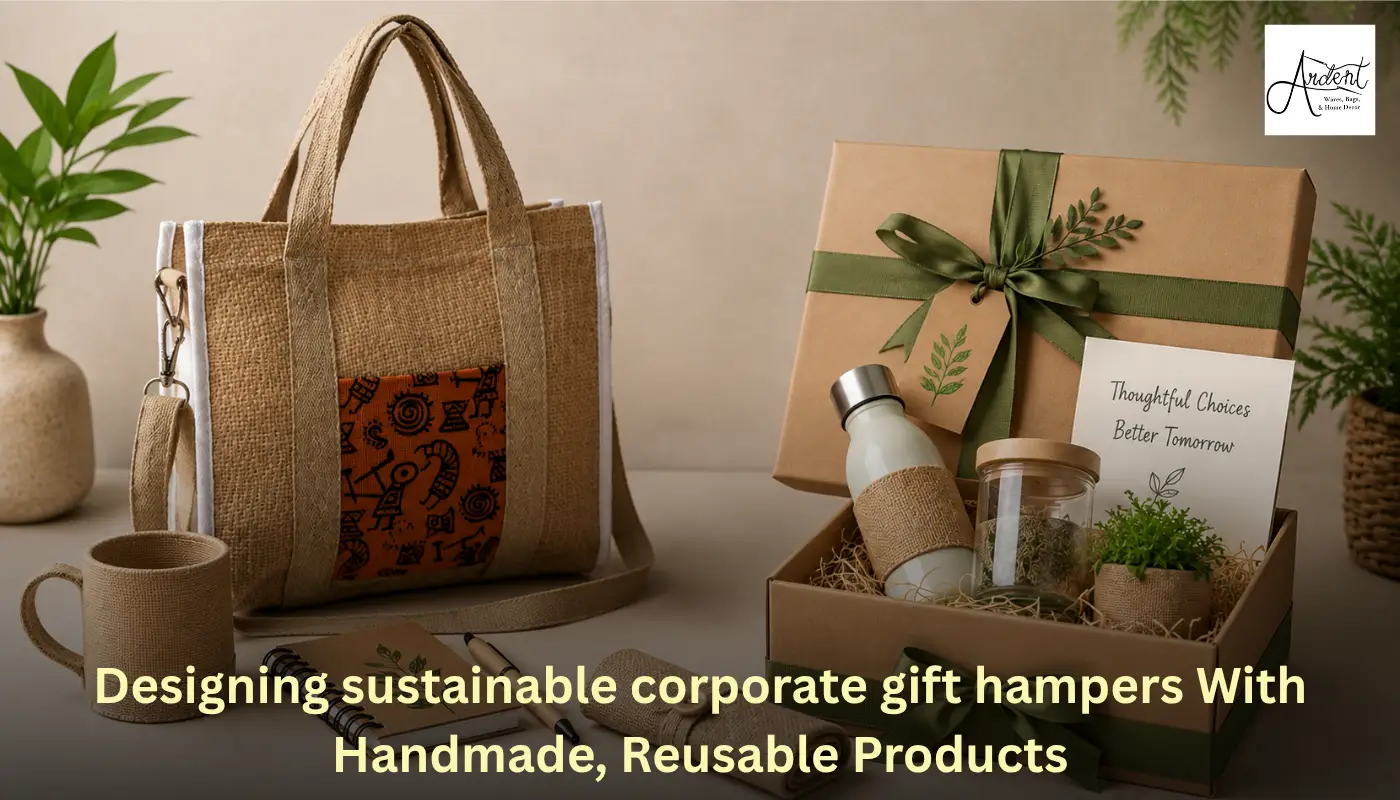 Sustainable corporate gift hampers featuring eco-friendly jute tote bag, reusable water bottle, plant, and notepad in a craft gift box.