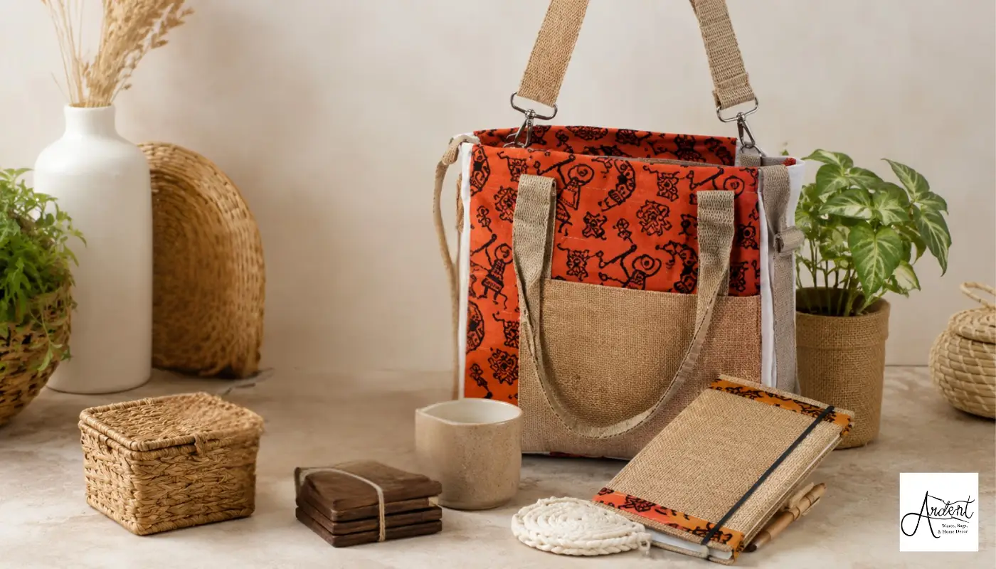 Handmade sustainable corporate gift hampers with tribal printed orange jute bag, wooden coasters, woven basket, and jute notebook.