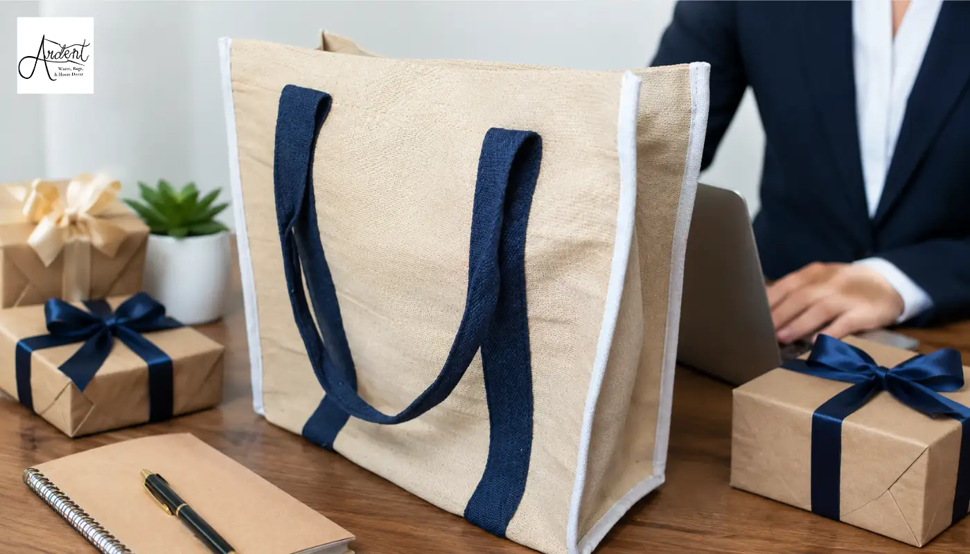 Premium sustainable corporate gift hampers featuring navy trim jute tote bag, matching notebook, wallet, and covered bottle.